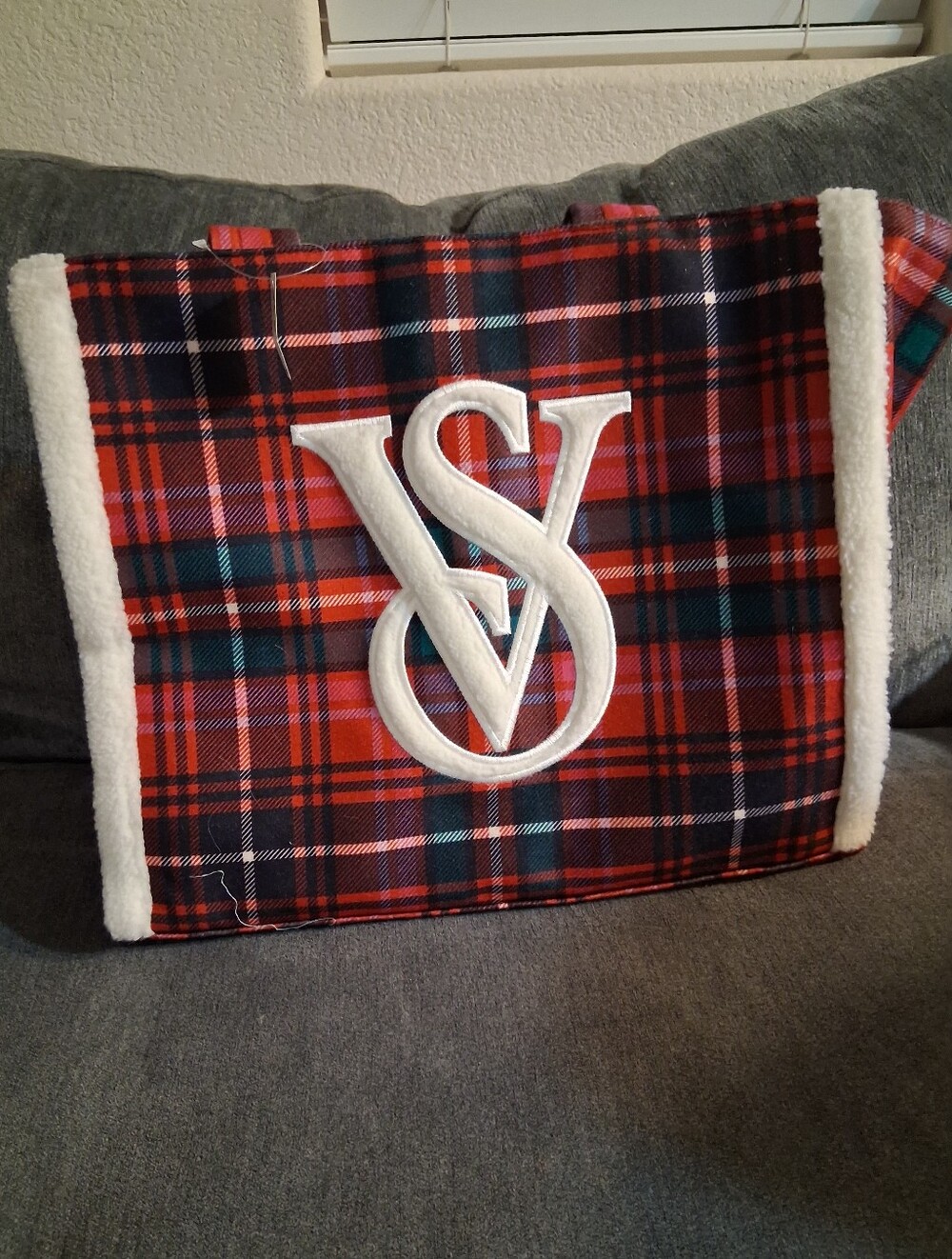 Victoria's Secret Red Plaid Accent Pillow with White Monogram